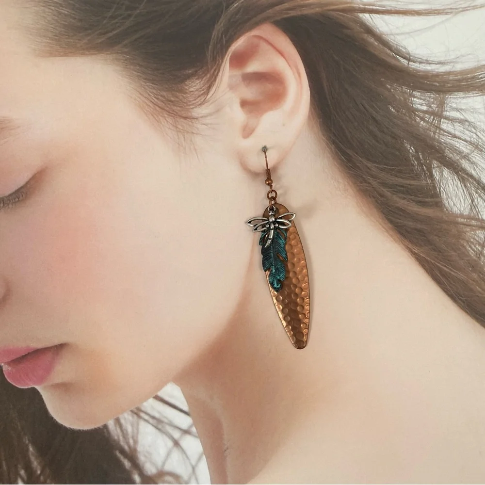 3/$20 Hammered Copper Teal Patina Feather Silver Dragonfly Earrings